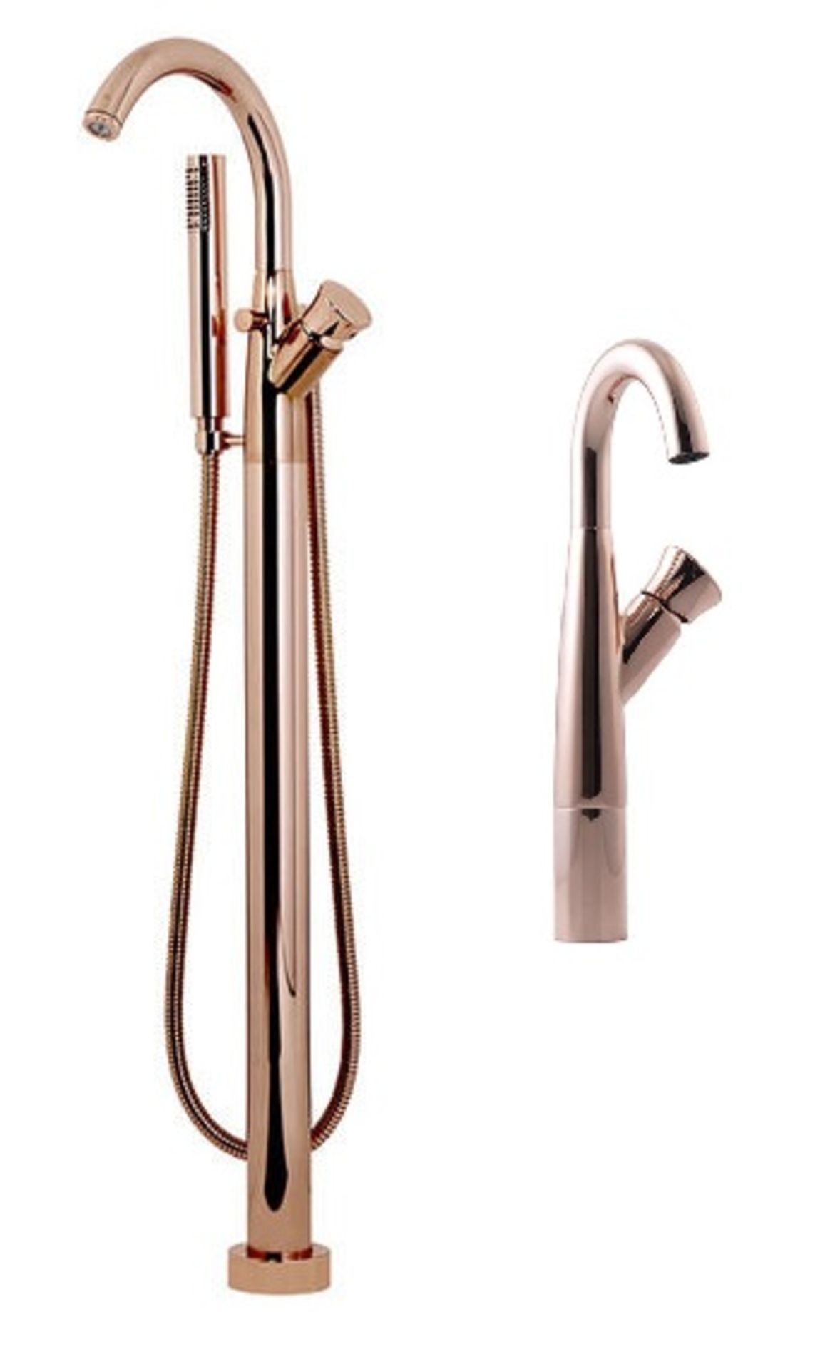 Contemporary rose gold freestanding bath shower mixer with matching extended basin mixer tap.