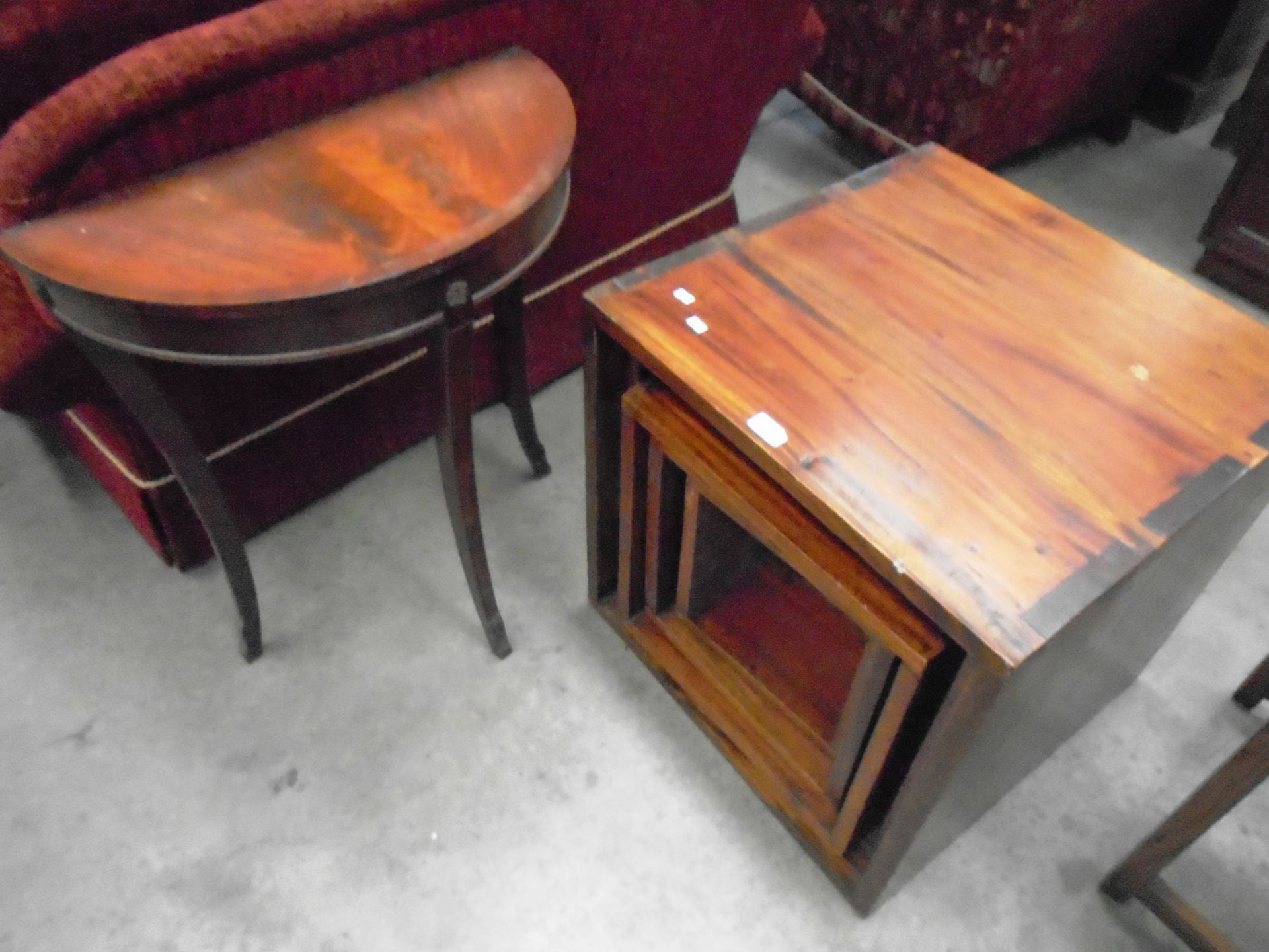 2 x items - a stained hardwood nest of five cube tables and a mahogany half moon side table