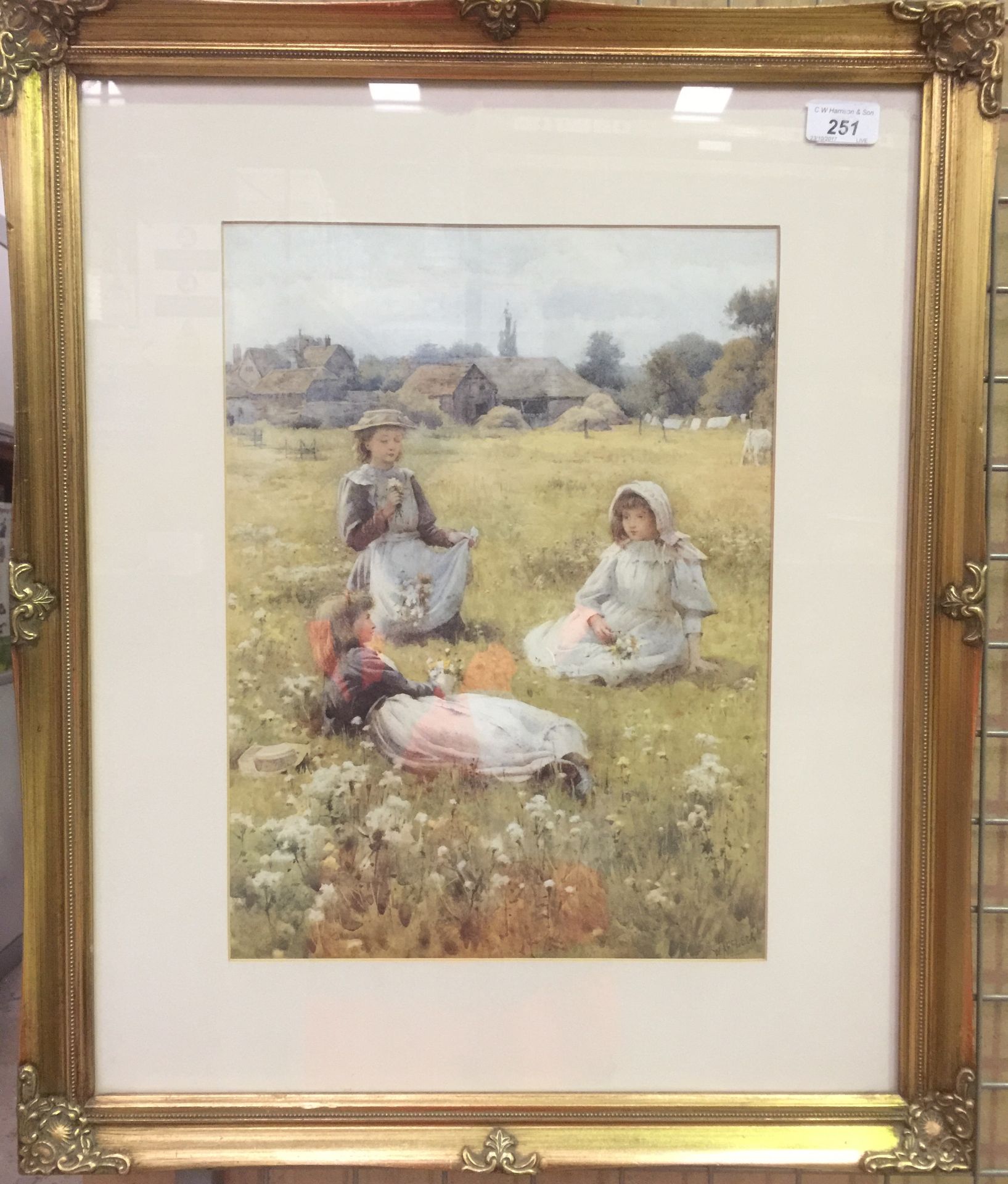 Gilt framed print 'children picking flowers' 40 x 30cm