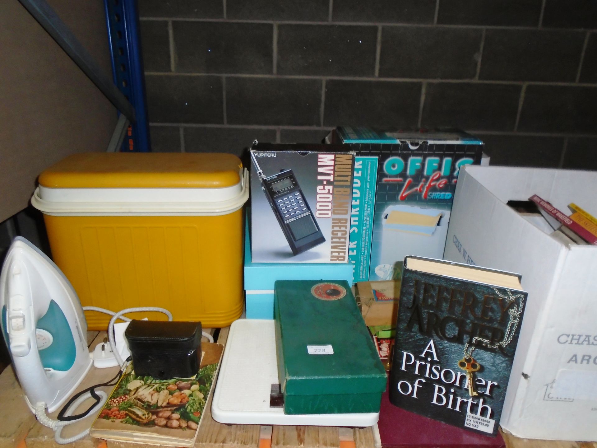 Coolbox, paper shredder, iron, set of B & A bowls, books, chess board,