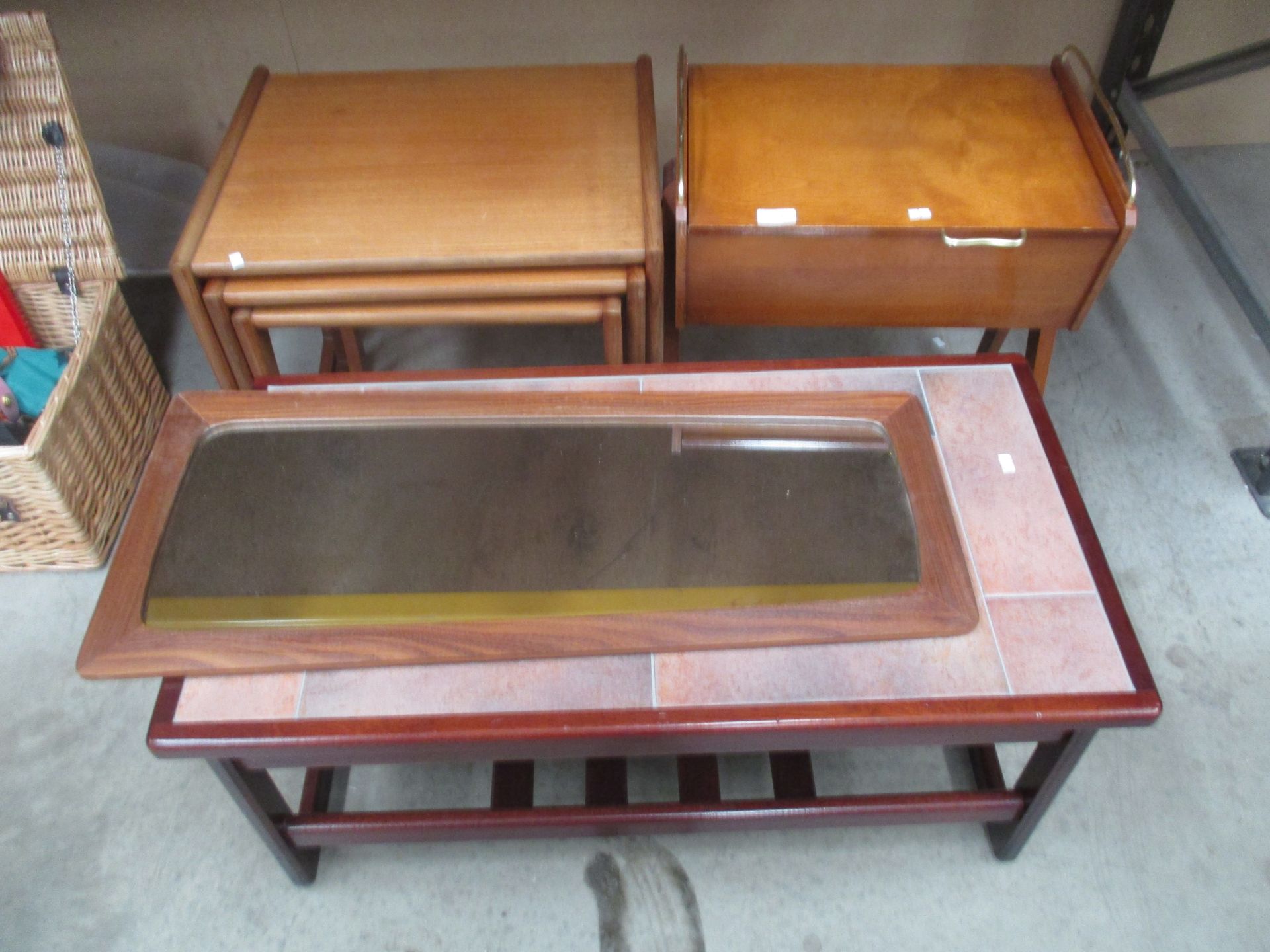 4 x items - a teak nest of three tables, a teak open top sewing box,