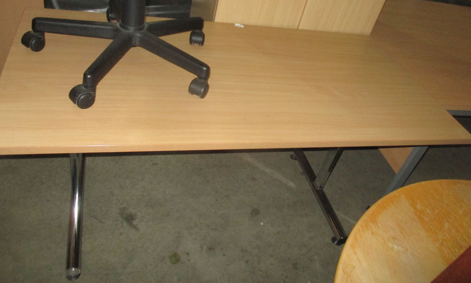 A pine finish office desk on chrome frame 75 x 150cm