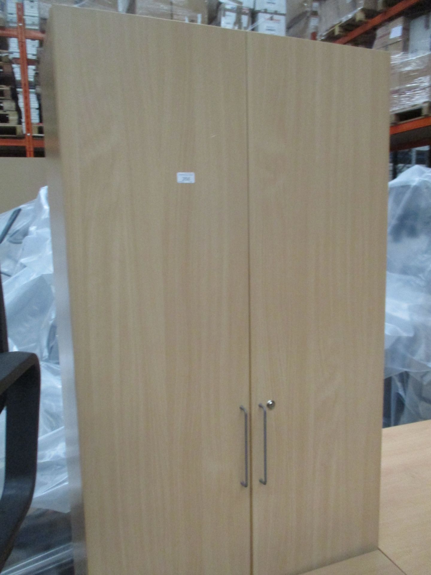 A pine finish two door office stationery cupboard 80 x 206cm (unlocked no key)