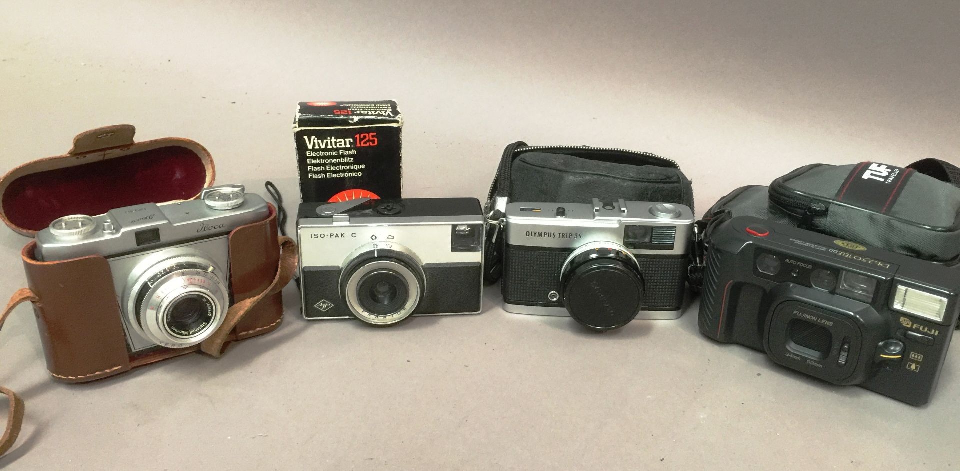 Box and contents - cameras inc. Olympus Trip 35, Agfa Iso Pak C.