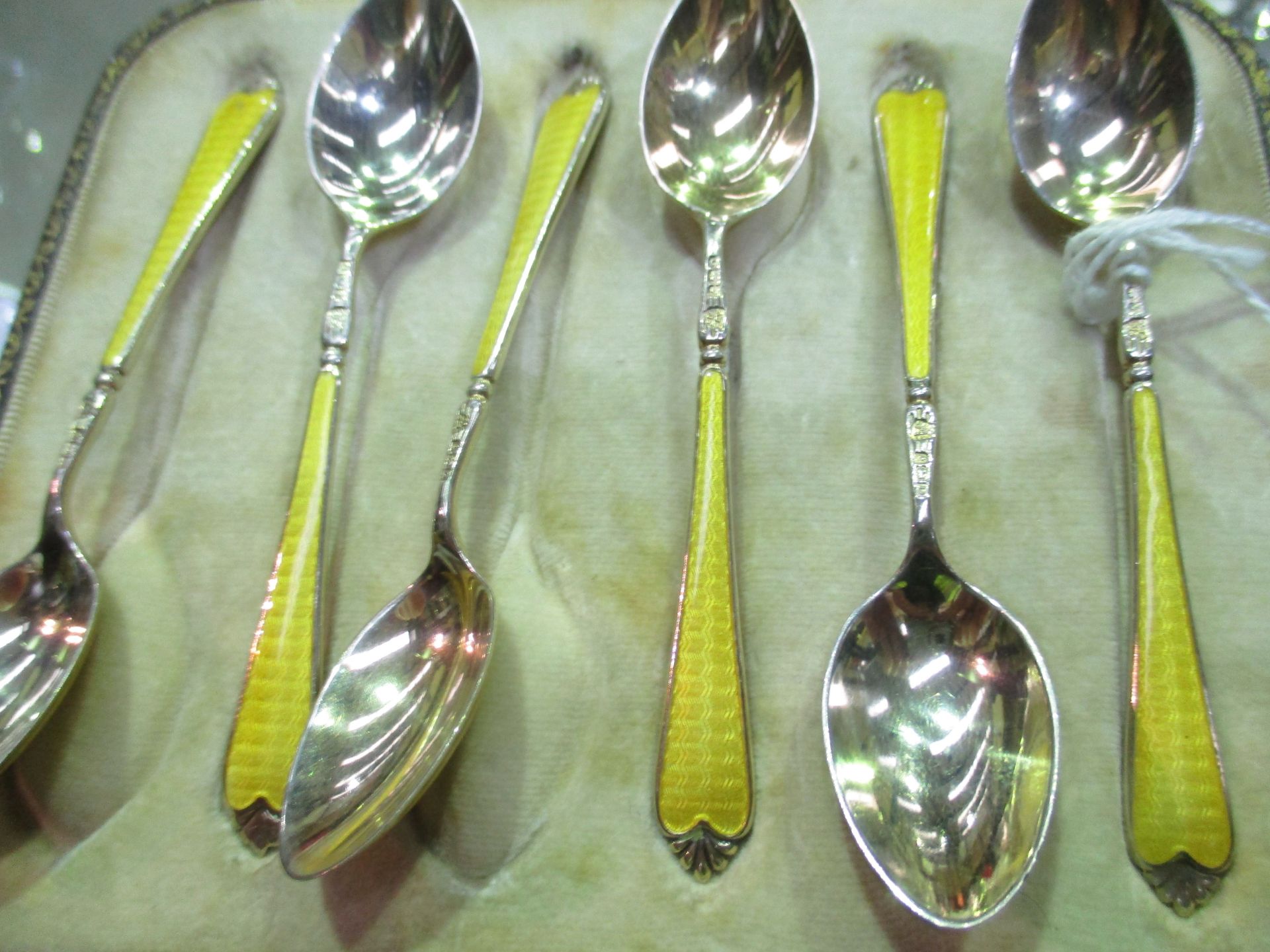 A set of six silver gilt coffee spoons with enamel decoration by Adie Bros Birmingham 1928 (2. - Image 7 of 7