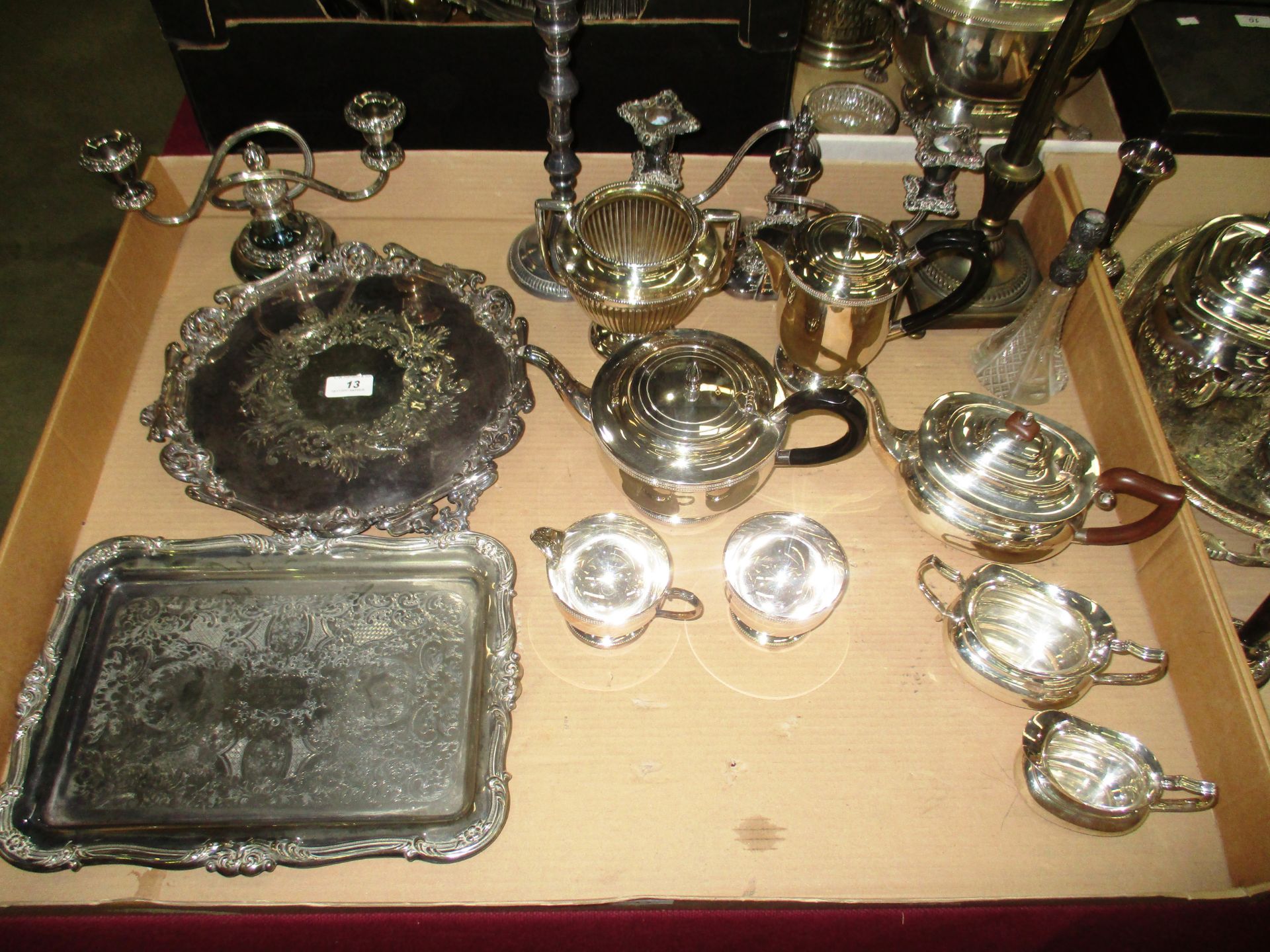 Quantity of plated wares including four piece tea service, three piece tea service, two trays,