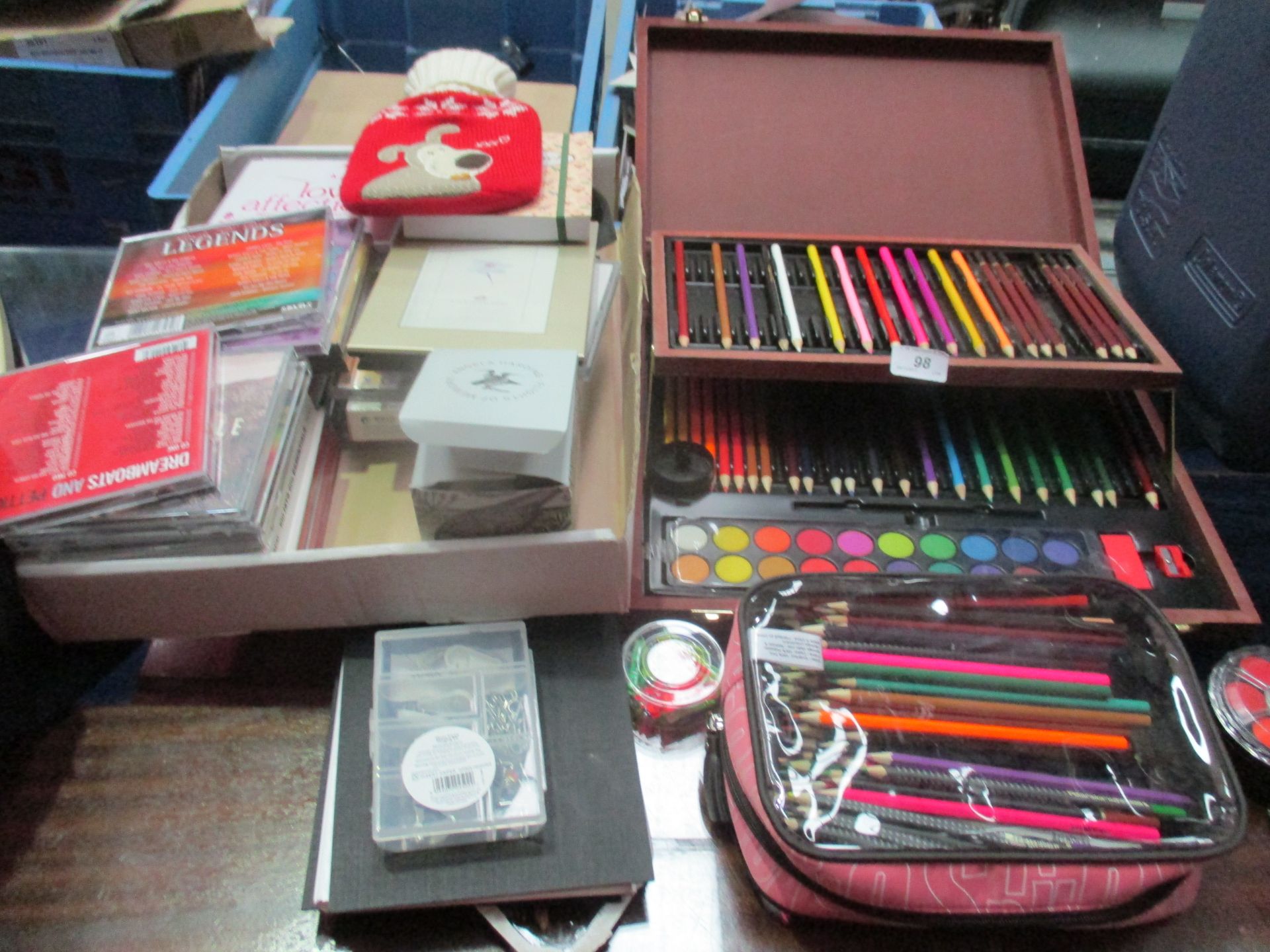 Assorted CDs, coloured pencil sets, picture frames, art & craft set,