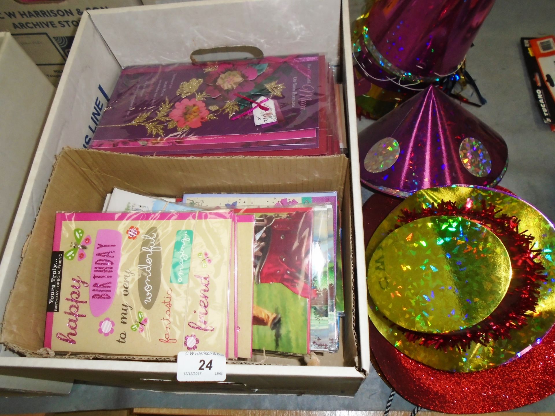 Contents to box - assorted greetings cards and fancy dress hats