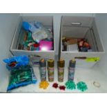 Contents to two boxes - packs of balloons, 150ml tins of Deco-Spray, rolls of ribbon,