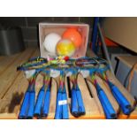 Badminton sets, rubber footballs,