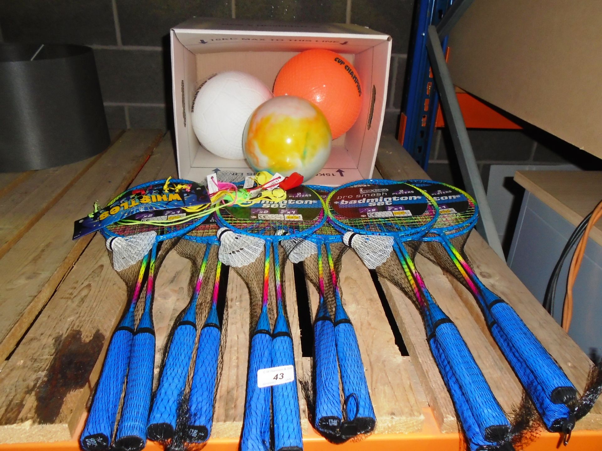 Badminton sets, rubber footballs,