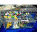 Contents to plastic display case - packs of flying gliders, window walker spiders, Twister blocks,