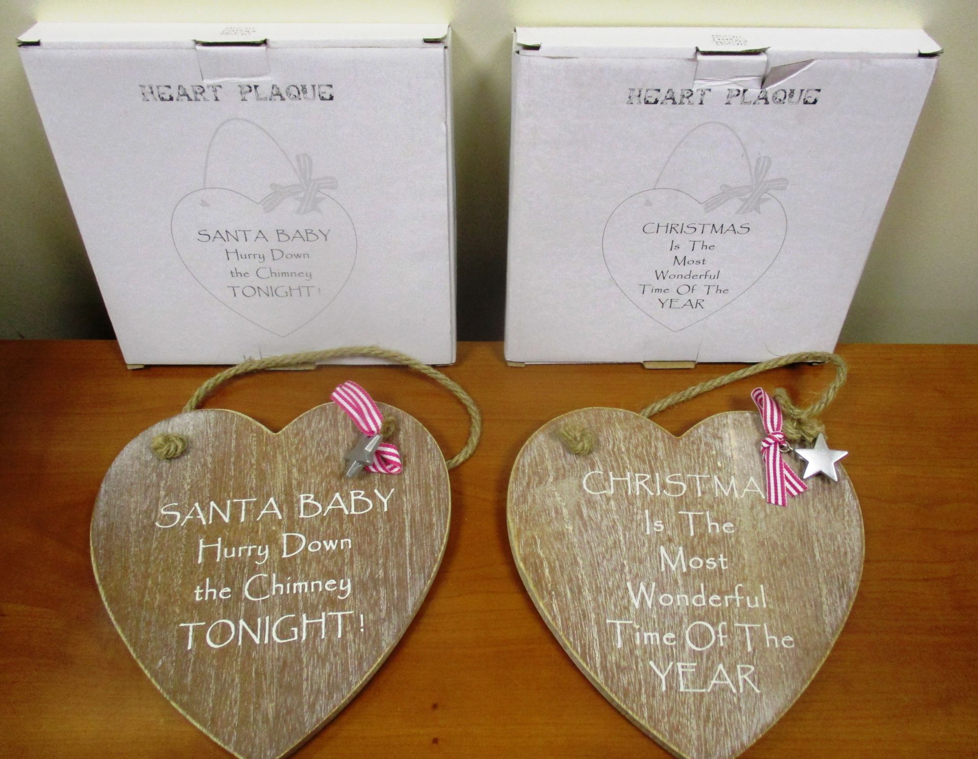 38 x wooden heart shaped Christmas plaques - 35 x 'Santa baby hurry down the chimney tonight' and 3
