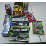 50 x assorted items - packs of Hot Wheels card games, Teamsterz 4 x 4 and trailer die cast vehicles,
