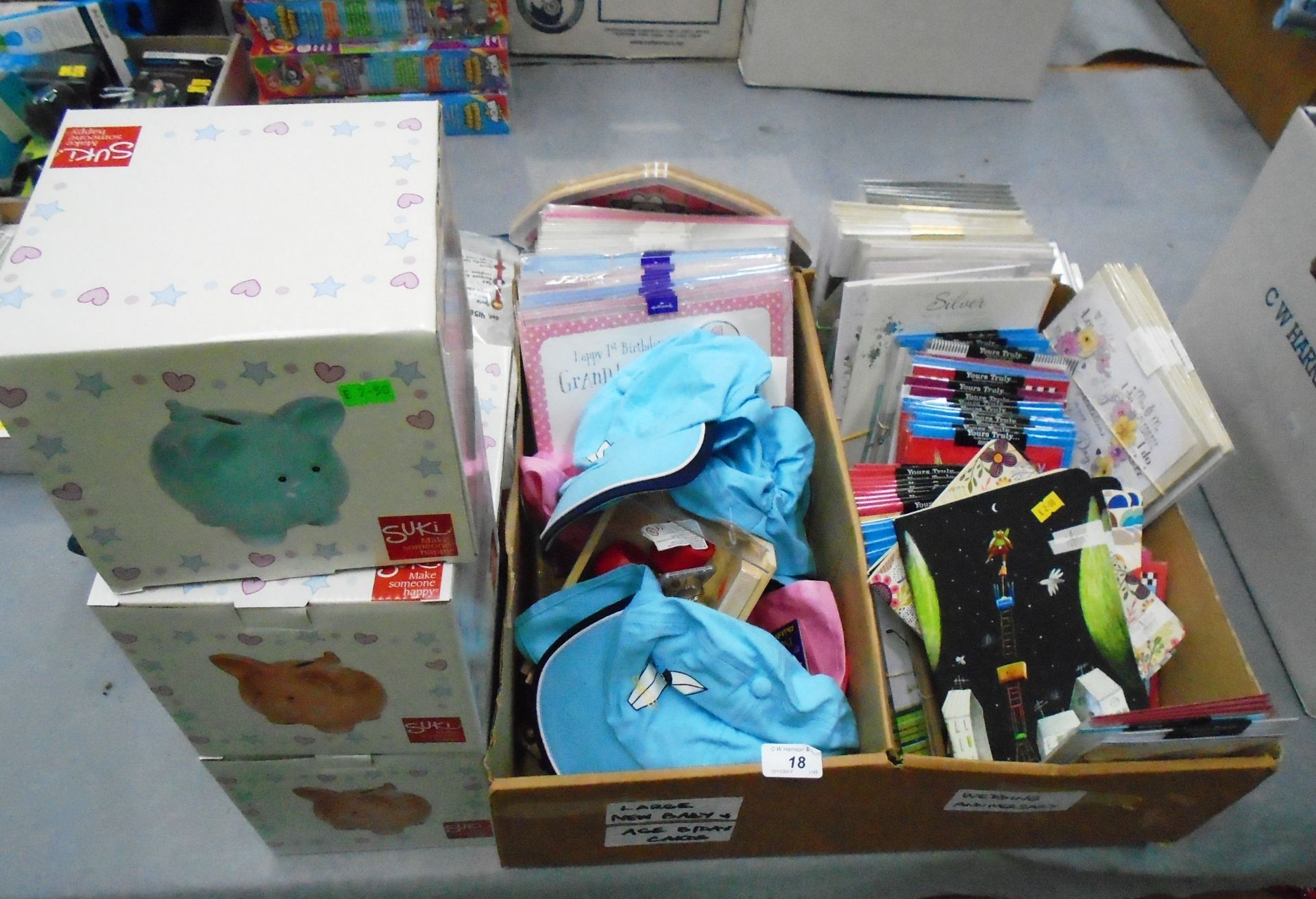 Suki Piggi money boxes, baby baseball caps, greeting cards, notebooks,