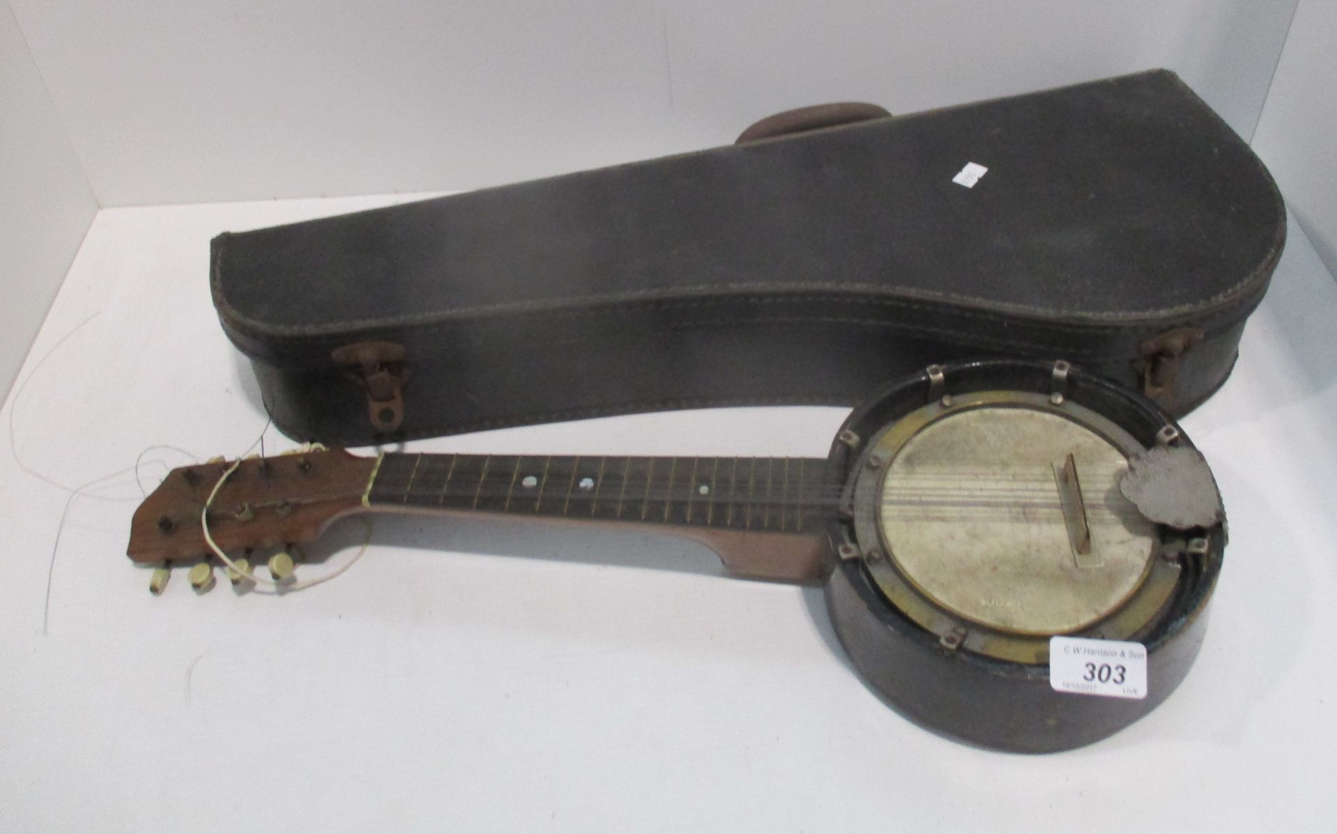 An 8 string banjo in carrying case