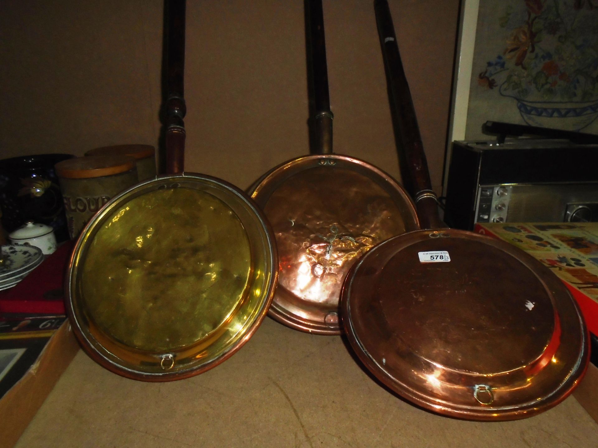 3 copper/brass reproduction long handled bed warmers