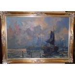 Gilt framed oil - possibly Dutch (Dardel?) - Fishing Boats 58 x 90cm