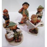 Five assorted Hummel figurines including 'Merry Wanderer' and 'Latest News'