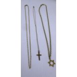 Three fine 9ct gold neck chains - one with a cross pendant and one with a star of David Pendant (3)