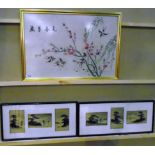Oriental silk style print 'Birds in a Tree' 34 x 51cm and a pair of triple scene pictures 'Junks