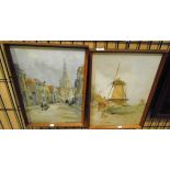 Ernest Holgate a framed watercolour of a Dutch street scene 55 x 35cm and a framed print of Dutch