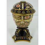 Royal Crown Derby pot pourri jar with pierced lid on the scroll feet on stepped pedestal base