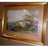 A framed watercolour 'Rocks and Tree's' indistinctively signed J.H.