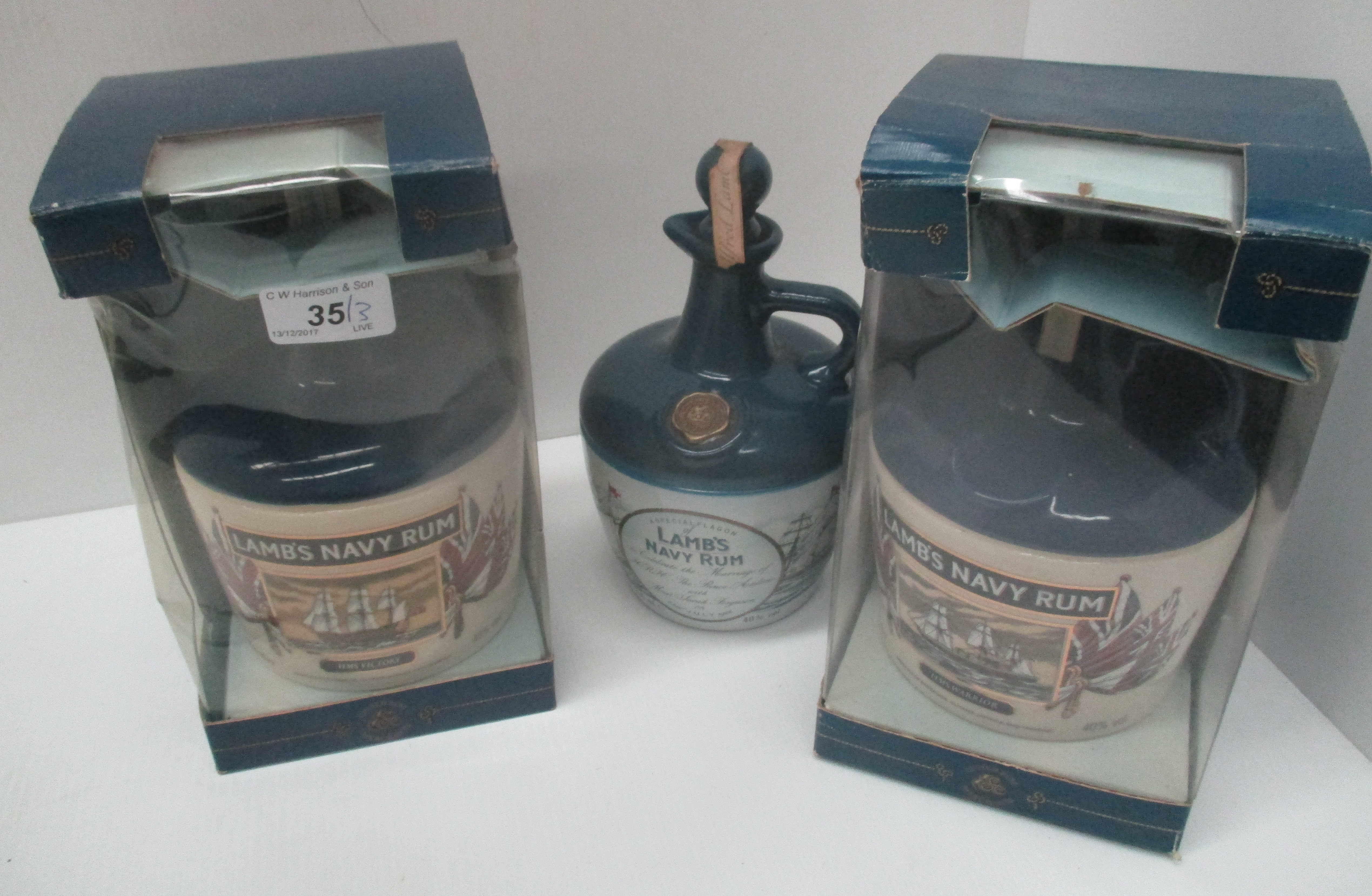 3 x 750ml commemorative flagons of Lamb's Navy Rum - HMS Victory in presentation box,