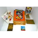 Contents to tray - 5 small prints, Beryl Cook calendars, The Broons and Calvin and Hobbes books,