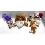 9 various miniature soft toy teddy bears