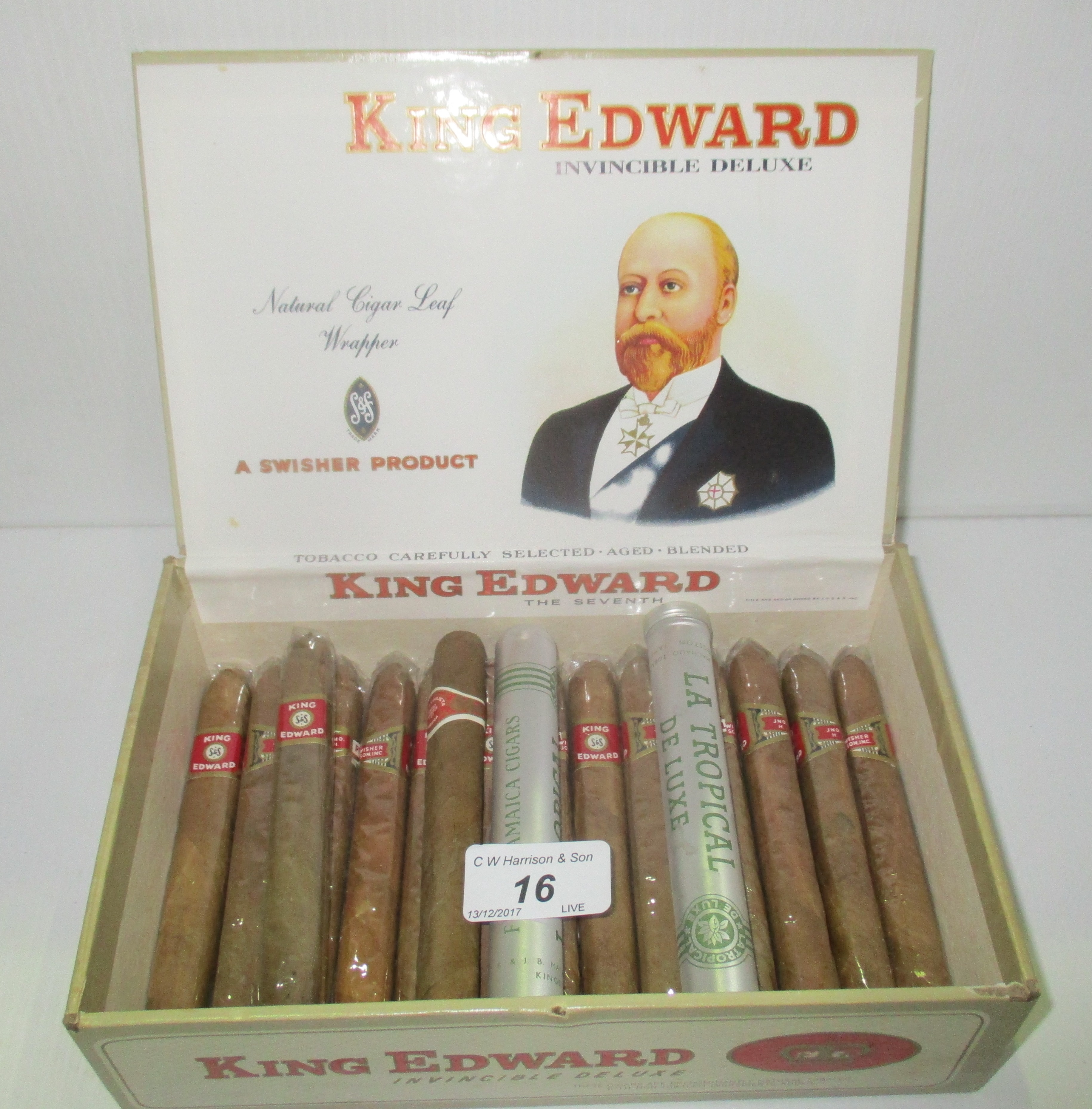 14 x King Edward Invincible De Luxe cigars in box, 2 La Tropical de Luxe Singles No,.