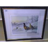 Archibald Thorburn a framed print of pheasants in snow in woodland 30 x 39cm published by William