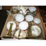 Contents to tray - pair of brass candlesticks,