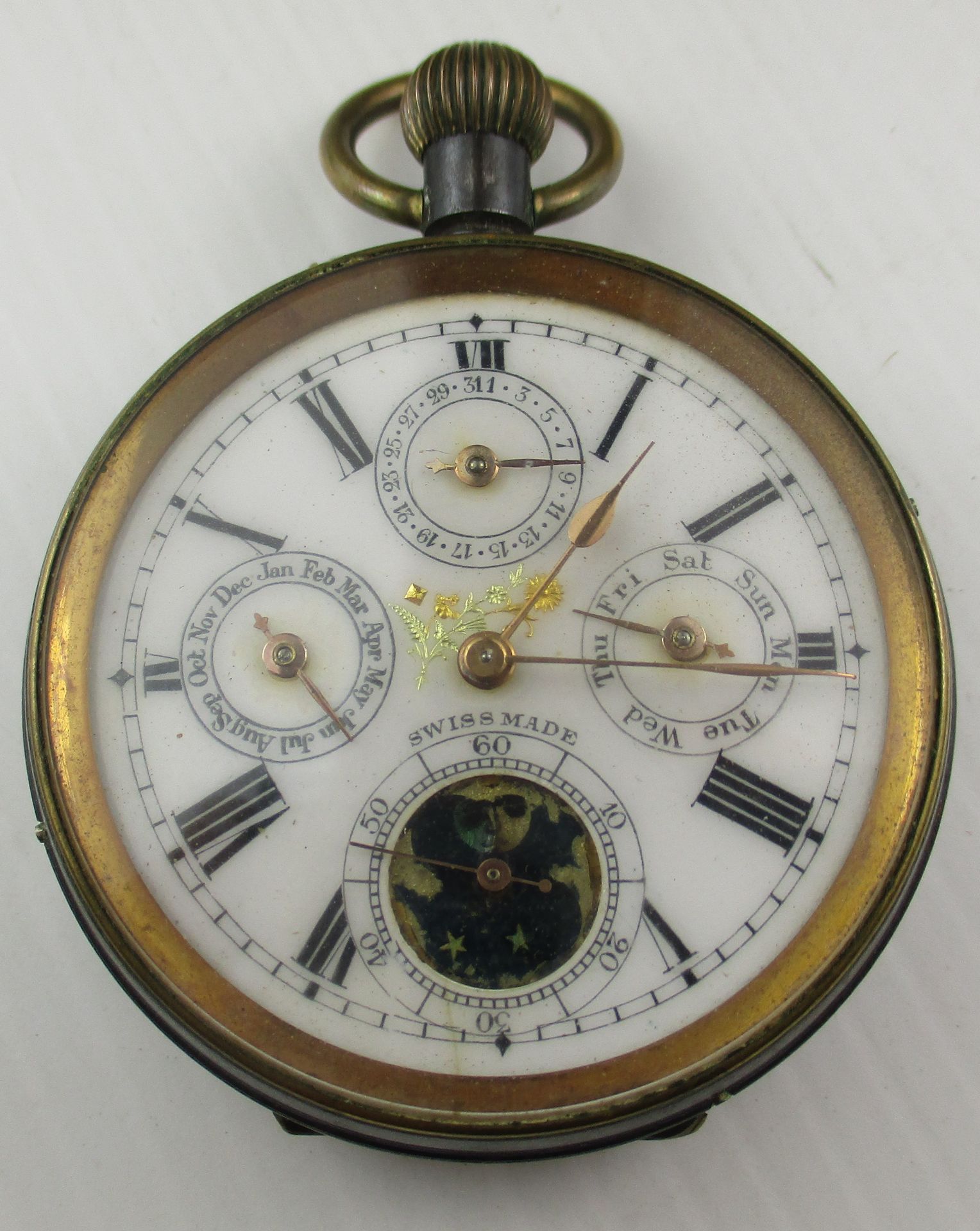 A Swiss perpetual chronograph moon phase pocket watch with white enamel dial, - Image 2 of 2