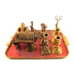 A mixed Brass ware viz; candle snuffers and stand, Trench Art sugar scuttle and scoop,