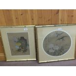 Two Japanese paintings on cloth, bird and floral and vase, flowers and crabs,