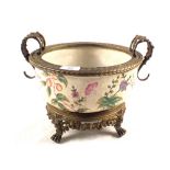A modern Chinese floral crackleware bowl on Brass stand plus an eggshell tea set