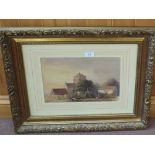 Watercolour of farm yard scene with cattle,