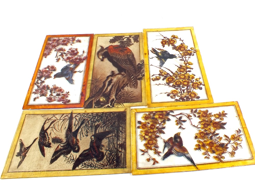 Six bird painted glass panels plus an Art Deco floral leaded light panel and one other - Image 2 of 2