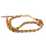 An unmarked Yellow Gold fancy link antique Albert chain with later added t-bar,