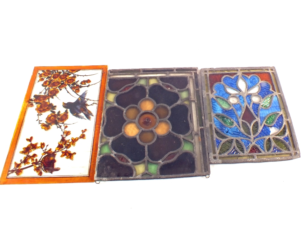 Six bird painted glass panels plus an Art Deco floral leaded light panel and one other