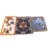 Six bird painted glass panels plus an Art Deco floral leaded light panel and one other