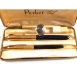 A cased Parker 51 pen set and a Silver stone set ring