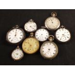 A case containing various pocket watches (five Silver cased)
