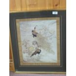 A pair of prints of 19th Century Chinese silk wall hangings, exotic birds, 15" x 12",