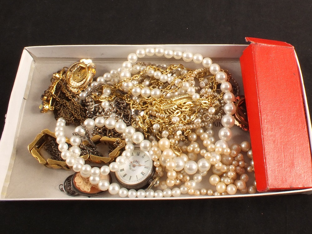 A quantity of costume jewellery including a Pearl necklace, brooches,