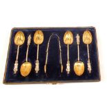 Six Silver Apostle spoons with shell shaped bowls with gilt interiors (boxed)