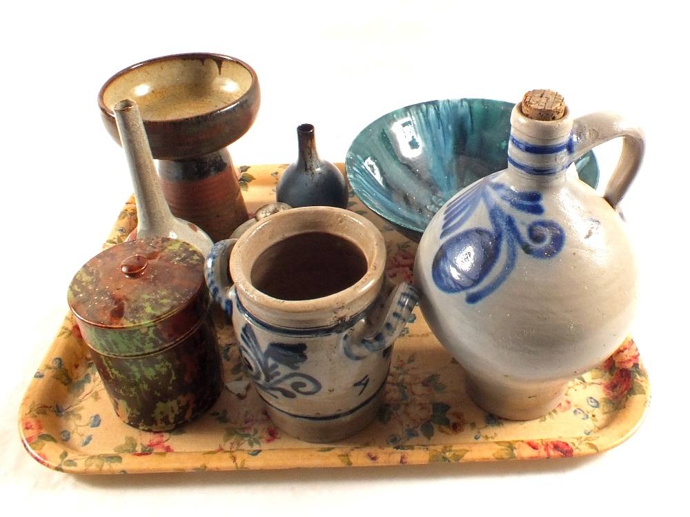 Various items of stoneware and Studio pottery including a Japanese stem bowl