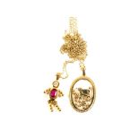 A 9ct Gold pendant set with bird on chain with a Silver gilt pendant of a man on 9ct Gold chain
